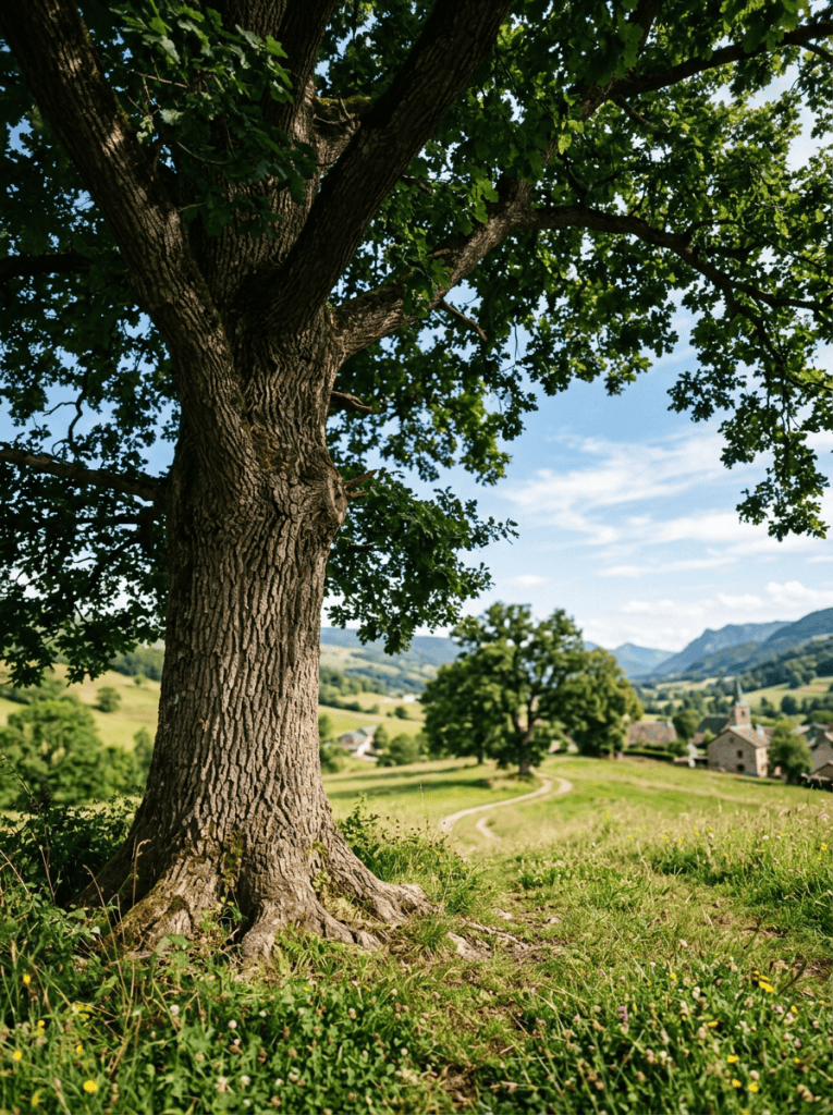 Large tree overlooking a village, meadows, winding path, and mountains